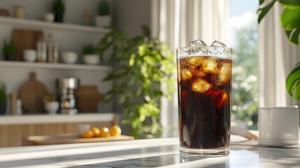 Wall Mural - A tall glass of iced coffee with ice cubes on a countertop in a modern kitchen, with a blurred background of a coffee maker, a fruit bowl and a plant.