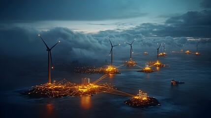Aufkleber - Illuminated wind turbines standing tall against a backdrop of glowing mesh networks symbolizing the of renewable energy and technological innovation within modern power grids