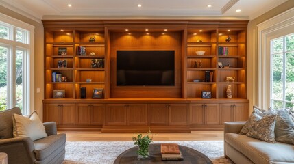 Spacious wooden wall unit with built-in shelves, a TV, books, and cozy lighting in a family room