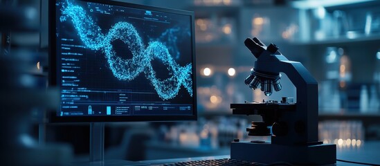 Wall Mural - advanced laboratory with microscope and dna helix on computer screen in scientific research facility