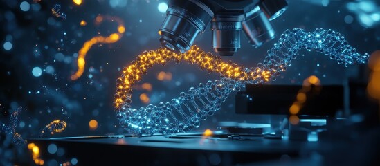 Wall Mural - ** close-up of dna strand under microscope with glowing elements in a high-tech laboratory setting..