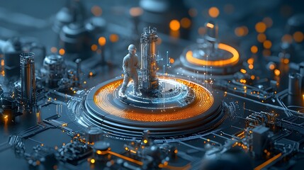 Aufkleber - Intricate glowing mesh networks enveloping chemical plant machinery and equipment in a futuristic high tech industrial environment  The complex interconnected patterns suggest advanced automation