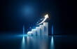 © joeycheung - A white 3D bar graph rising upward, an arrow pointing upward with glowing lines  surrounding the graph,  all on a dark blue background.