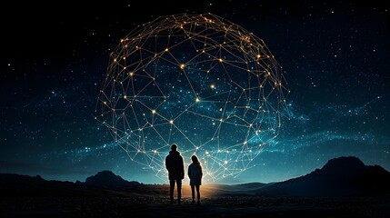 Aufkleber - Mesmerizing abstract mesh patterns representing the intricate constellations of the universe above a serene spiritual gathering conveying a sense of transcendence connection
