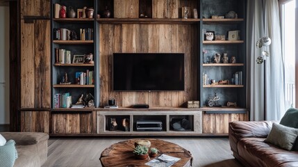 Rustic wooden wall unit with a TV, surrounded by bookshelves and ornaments, blending modern and vintage vibes