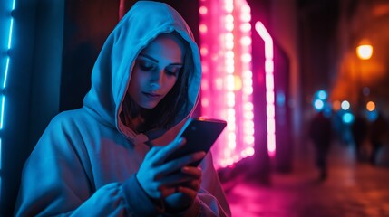  American woman at outdoor at nighttime smiling using smart phone with joyful face expression