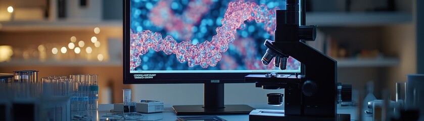 Wall Mural - cutting-edge laboratory with microscope and dna strand on computer screen in modern scientific resea