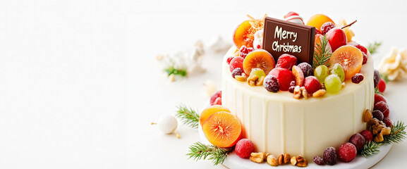 Poster - Festive Christmas Cake Decorated with Fresh Fruits, Nuts, and Chocolate Plaque on white background, banner