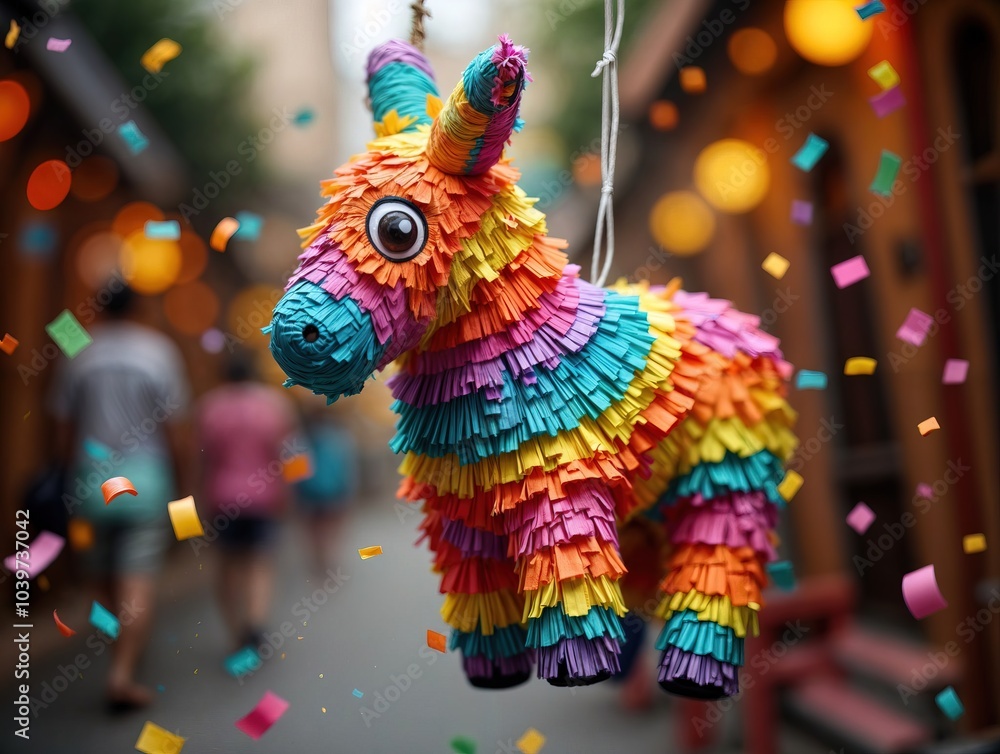 Colorful funny donkey pinata hanging against blurry background with ...