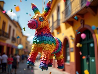 Colorful funny donkey pinata hanging against blurry background with falling confetti. Hispanic decoration for Las Posadas