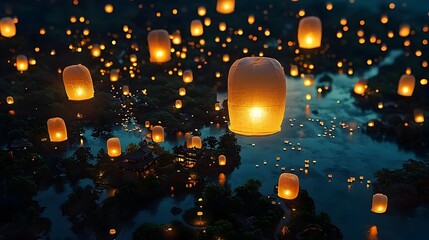 Poster - Mesmerizing glowing mesh trails highlighting the gentle floating of illuminated lanterns drifting into the tranquil night sky creating a serene and captivating atmosphere