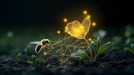 Poster - Mesmerizing glowing mesh trails representing the interconnected and symbiotic process of flower pollination by bees a beautifully fluid and dynamic of the natural cycles of life