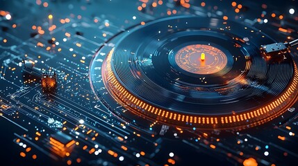 Aufkleber - Mesmerizing image of a glowing mesh vinyl record spinning with vibrant neon patterns creating a captivating digital and retro futuristic visual effect