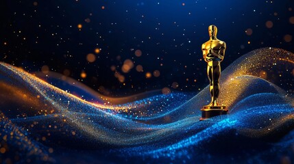 Blue award background with golden lines and abstract shape of the cinema awards statue for sunset light, elegant presentation design background