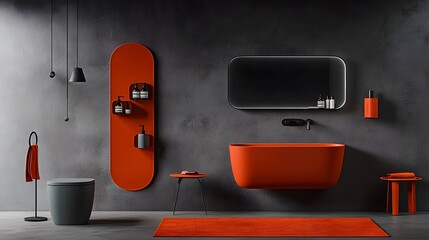 Poster - Minimalist and modern bathroom design featuring a geometric mesh of lines connecting various skincare products and mirrors creating a clean symmetrical and visual arrangement