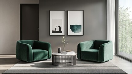 Green armchairs in a modern living room, paired with a sleek coffee table and decorative mockup frame on the wall