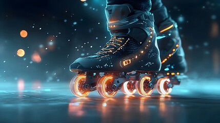 Aufkleber - Neon illuminated mesh roller skates with vibrant wheels generating dynamic light streaks and trails in a contemporary futuristic and energetic urban setting