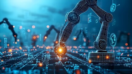 Aufkleber - Robotic arms illuminated by glowing mesh lines working seamlessly in an advanced high tech automated production line showcasing the future of intelligent manufacturing and engineering