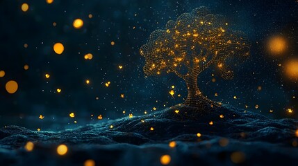 Poster - Stunning abstract digital art featuring a glowing mesh silhouette of a tree with blossoming flowers creating a futuristic and ethereal visual effect