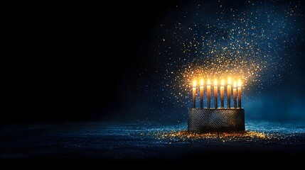 Poster - Stunning digital rendering of a glowing mesh menorah with soft luminous outlines around each candle flame creating an elegant and contemplative atmosphere for Jewish holiday and traditions