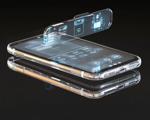 A transparent smartphone with holographic display features floating just above the surface with an AI assistant interface showing