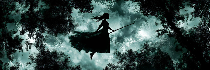 Wall Mural - Silhouette of a Woman Flying on a Broom Through a Forest with a Misty Sky