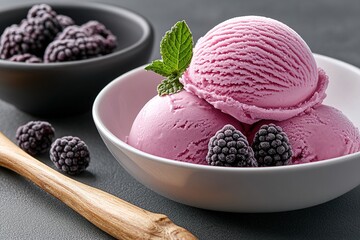 A bowl of ice cream with blackberries and mint leaves on top