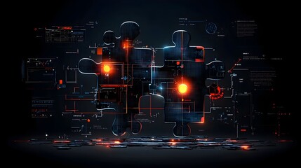 Aufkleber - Stylized Glowing Mesh Puzzle Pieces Interlocking with Vibrant Colorful Outlines   Futuristic 3D Digital Abstract Concept