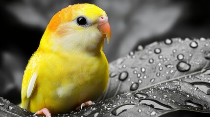 Poster -  A yellow parakeet sits on a wet leaf against a black-and-white background, with water droplets at its tail end