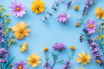 yellow and purple flowers on pastel blue background. spring concept.