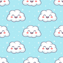 Wall Mural - white kawaii little clouds with laughing faces on blue background. vector seamless pattern.