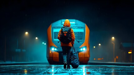 Poster - Traveler boarding a train on a platform illuminated by captivating digital mesh patterns evoking a sense of modern technological adventure and mobility
