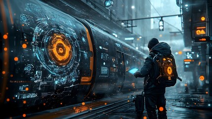 Poster - Traveler Boarding Illuminated Glowing Mesh Train at Modern Urban Railway Platform with Futuristic Lighting and Technology