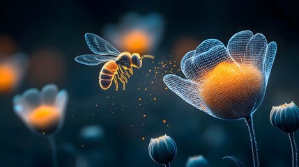 Poster - Visually captivating abstract showcasing the intricate and fluid movement of glowing mesh trails representing the pollination of flowers by bees a harmonious natural phenomenon