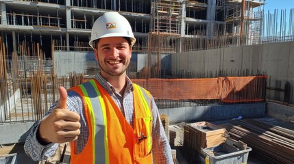 photograph of Construction engineer giving thumbs up at construction site