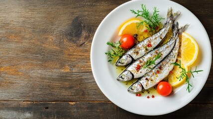 Wall Mural - Grilled sardines served with lemon, cherry tomatoes, herbs