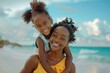 © Isuru - Happy black mother and daughter playing on beach.