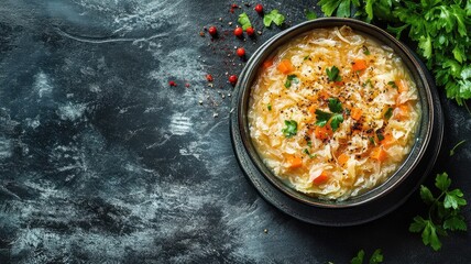 Wall Mural - Hearty bowl of vegetable soup garnished with herbs