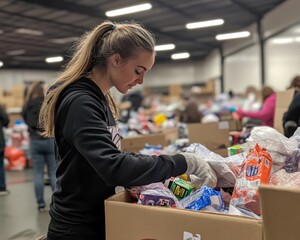 Wall Mural - A woman volunteer sorting food items in a community kitchen for those in need