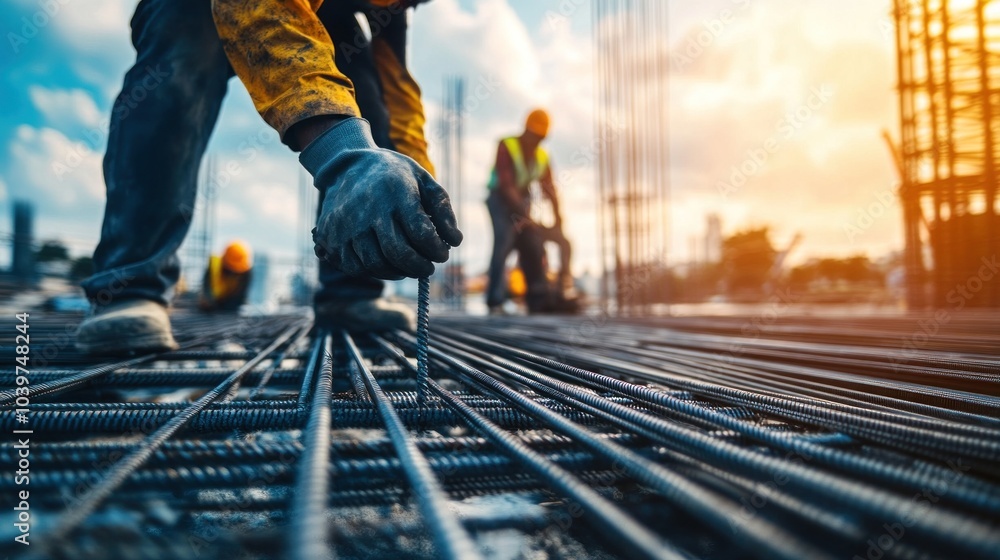 Steel rebar installation on a construction site, with workers carefully ...