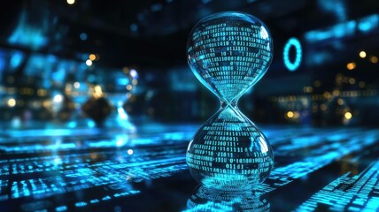 Wall Mural - digital hourglass against backdrop of binary code and abstract blue lights