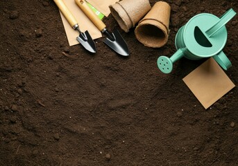 Gardening tools and peat pots lying on fertile soil ready for planting season