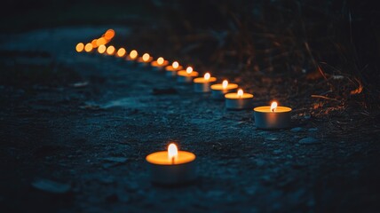 Lit tealight candles on dark path, creating serene ambiance