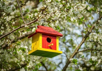 Colorful birdhouse providing shelter and nesting opportunities for birds