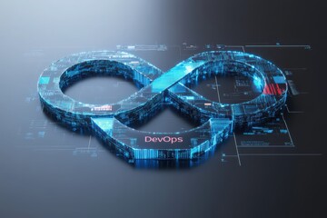 A digital infinity loop symbolizes the DevOps methodology, showcasing a blend of technology and continuous improvement. The design highlights modern software development concepts.