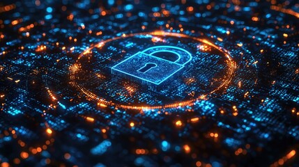 Abstract background with a blue padlock and binary code on a digital screen, representing the concept of cyber security. be used for web design or a social media banner. 