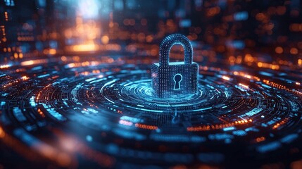 Abstract background with a blue padlock and binary code on a digital screen, representing the concept of cyber security. be used for web design or a social media banner. 