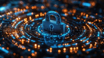 Abstract background with a blue padlock and binary code on a digital screen, representing the concept of cyber security. be used for web design or a social media banner. 