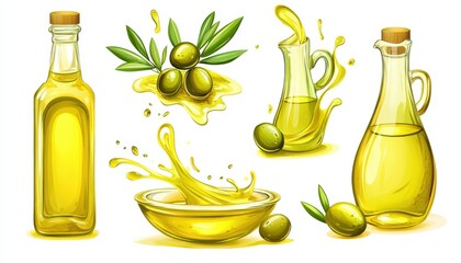 Sticker - Olive oil set: bottle, bowl, splash with drops, olives isolated on white background