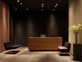 Dark chocolate walls with subtle decor and light wood furniture in a minimalist reception area, creating a sleek and welcoming look